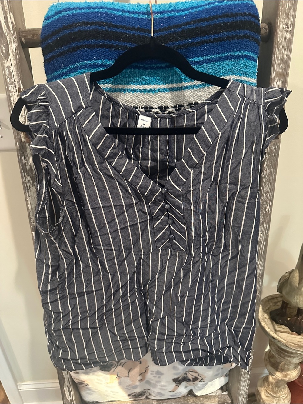 Old Navy Navy and White Striped Button-Detail Blouse